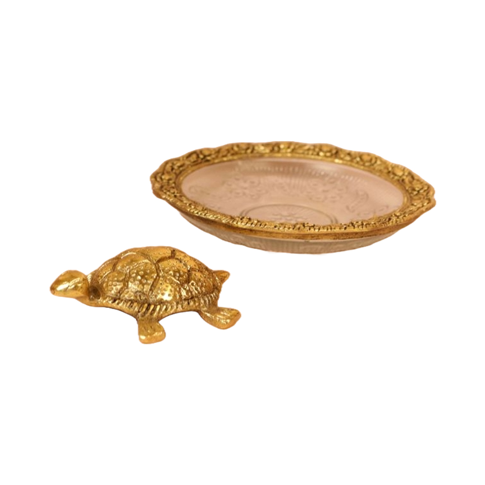 Metal Tortoise on Glass Plate for Home Decoration Living Room Gift Diwali Decoration